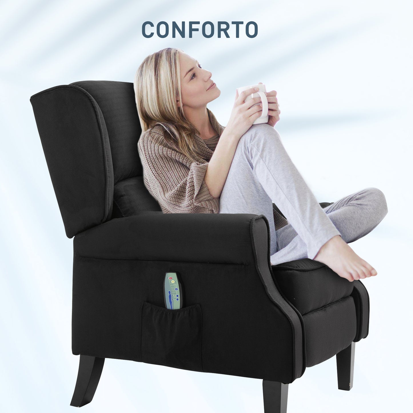 HOMCOM Poltrona de Massagem Poltrona Relax Reclinável com Controlo Remoto 2 Áreas de Massagem Bolso Lateral 78x83x101 cm Preto