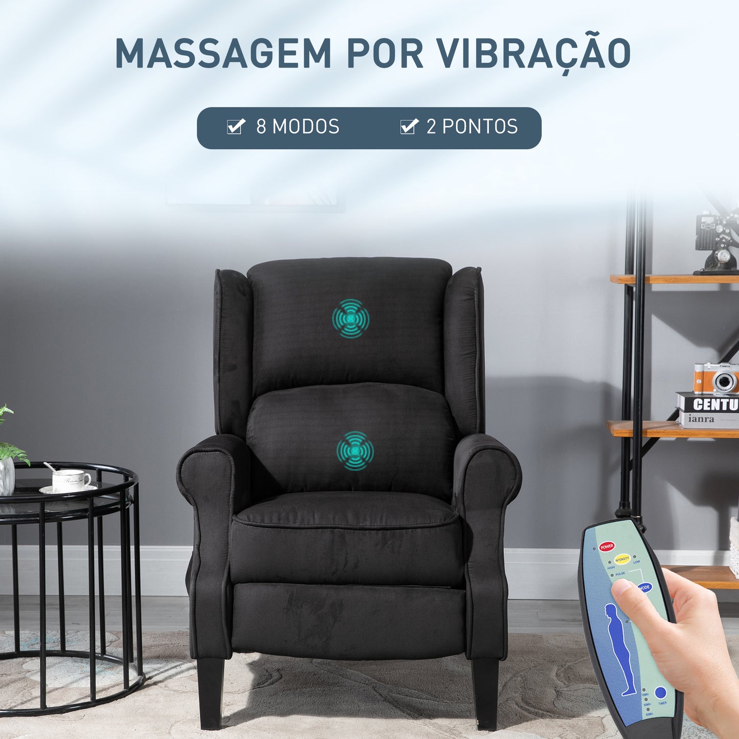 HOMCOM Poltrona de Massagem Poltrona Relax Reclinável com Controlo Remoto 2 Áreas de Massagem Bolso Lateral 78x83x101 cm Preto