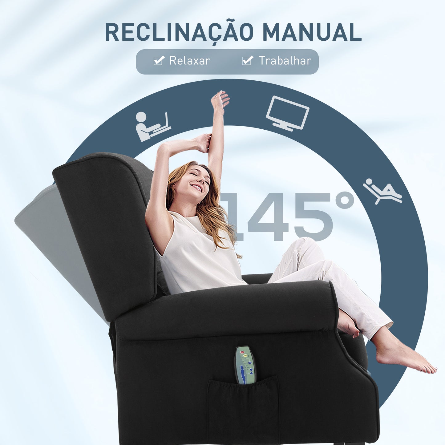 HOMCOM Poltrona de Massagem Poltrona Relax Reclinável com Controlo Remoto 2 Áreas de Massagem Bolso Lateral 78x83x101 cm Preto