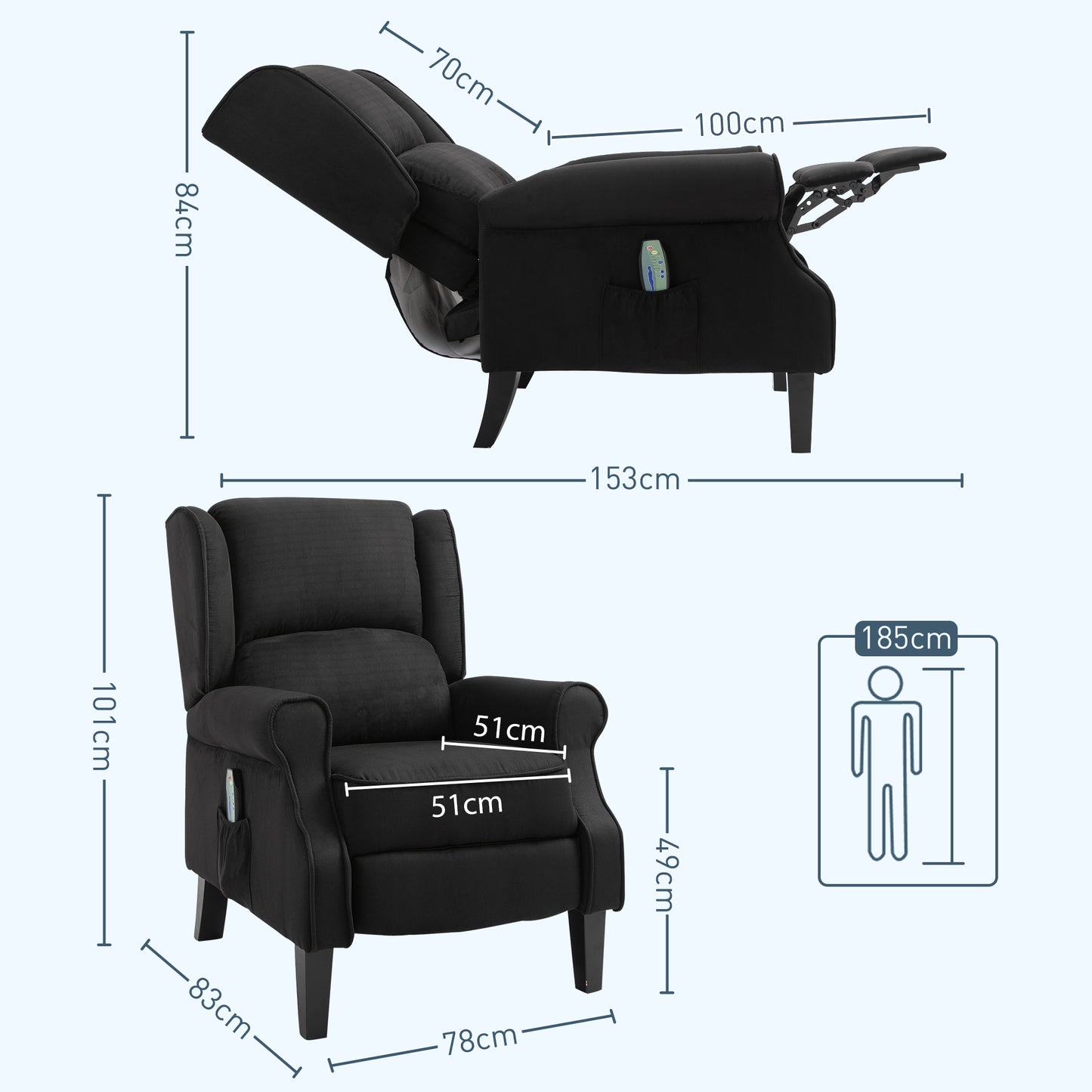 HOMCOM Poltrona de Massagem Poltrona Relax Reclinável com Controlo Remoto 2 Áreas de Massagem Bolso Lateral 78x83x101 cm Preto