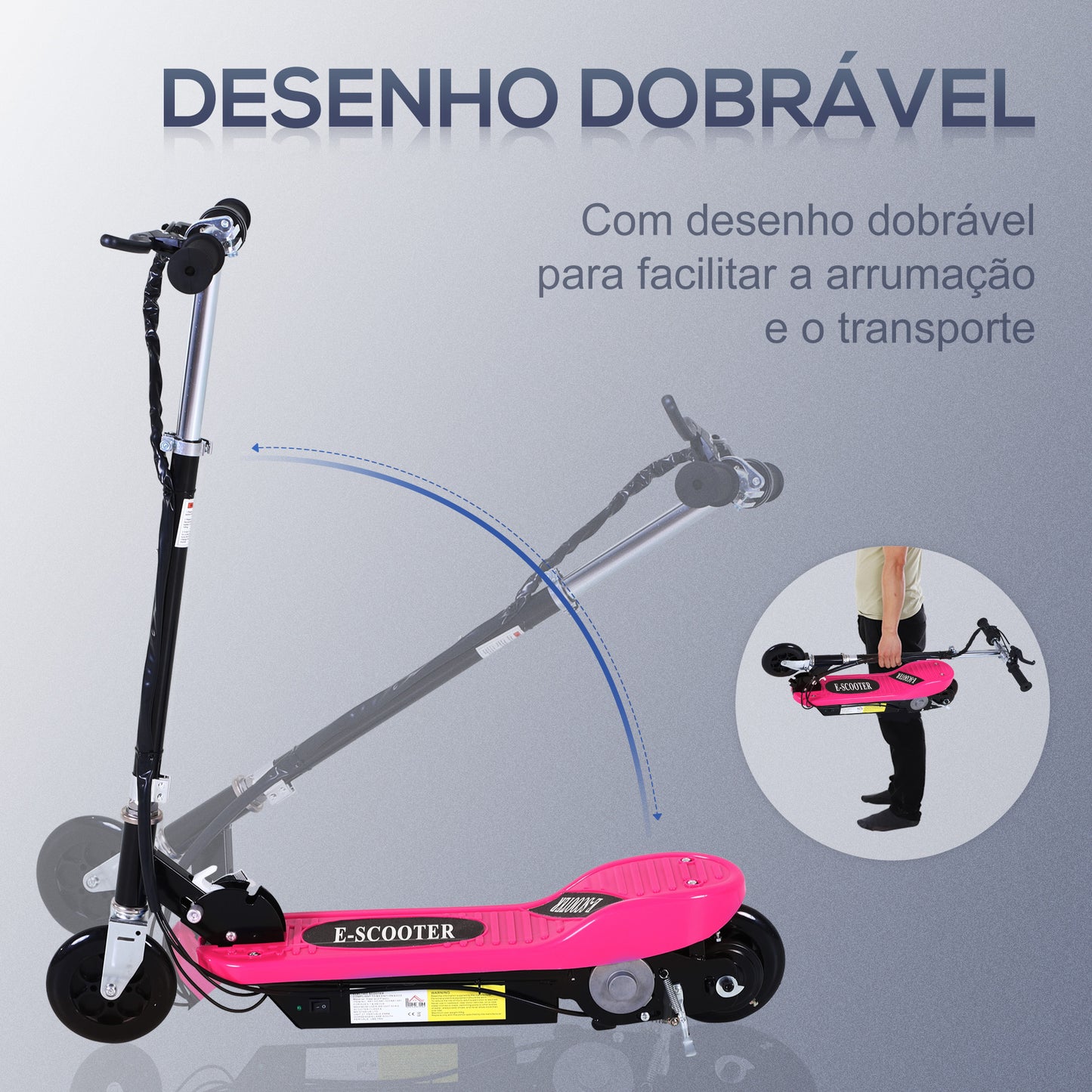 HOMCOM Trotinete Elétrica Dobrável para Crianças e Adolescentes acima de 7 Anos Velocidade de 10km/h Trotinete Elétrica com Guiador Ajustável e Freios Carga Máxima 50kg 78x37x89-95cm Rosa