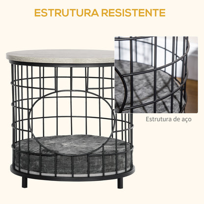 PawHut Mesa Auxiliar Mesa Lateral com 1 Orifício para Gatos Pequenos com Almofada Lavável Estrutura de Aço para Sala de Estar Dormitório 40x40x40cm Preto e Cinza