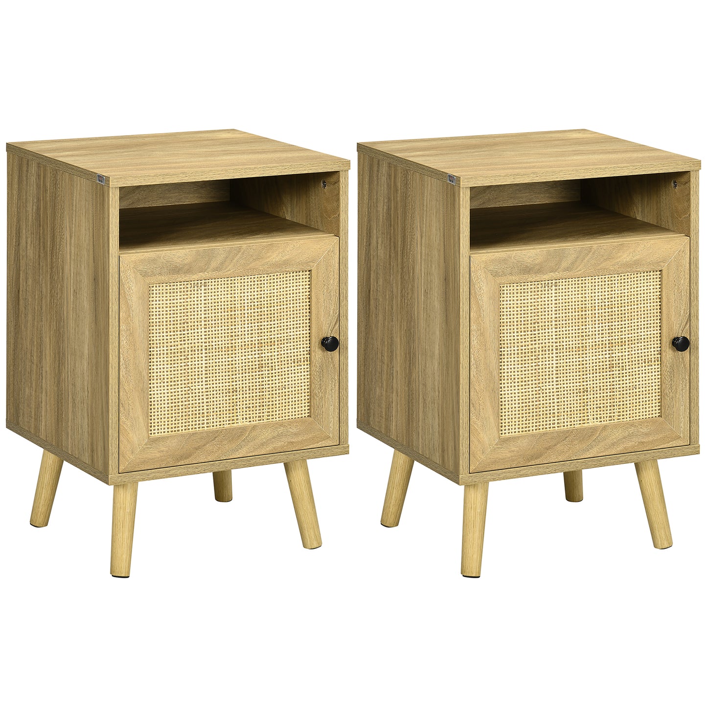 HOMCOM Conjunto de 2 Mesas de Cabeceira Mesas de Cabeceira com Portas de Vime Compartimentos Abertos e Sistema Anti-Tombo Mesas Auxiliares para Dormitório Sala de Estar 39x35x60 cm Madeira