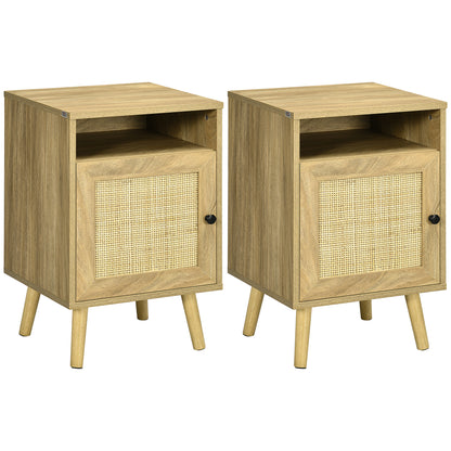 HOMCOM Conjunto de 2 Mesas de Cabeceira Mesas de Cabeceira com Portas de Vime Compartimentos Abertos e Sistema Anti-Tombo Mesas Auxiliares para Dormitório Sala de Estar 39x35x60 cm Madeira