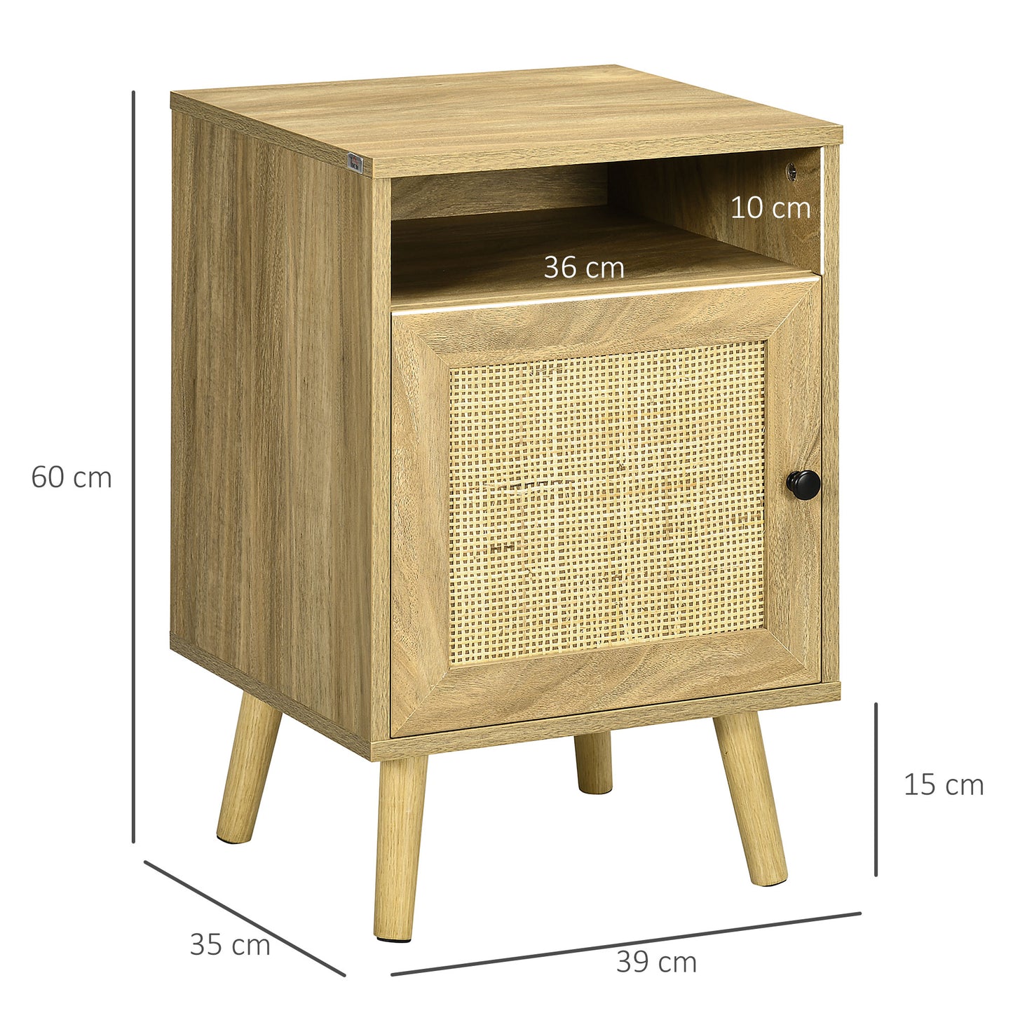 HOMCOM Conjunto de 2 Mesas de Cabeceira Mesas de Cabeceira com Portas de Vime Compartimentos Abertos e Sistema Anti-Tombo Mesas Auxiliares para Dormitório Sala de Estar 39x35x60 cm Madeira