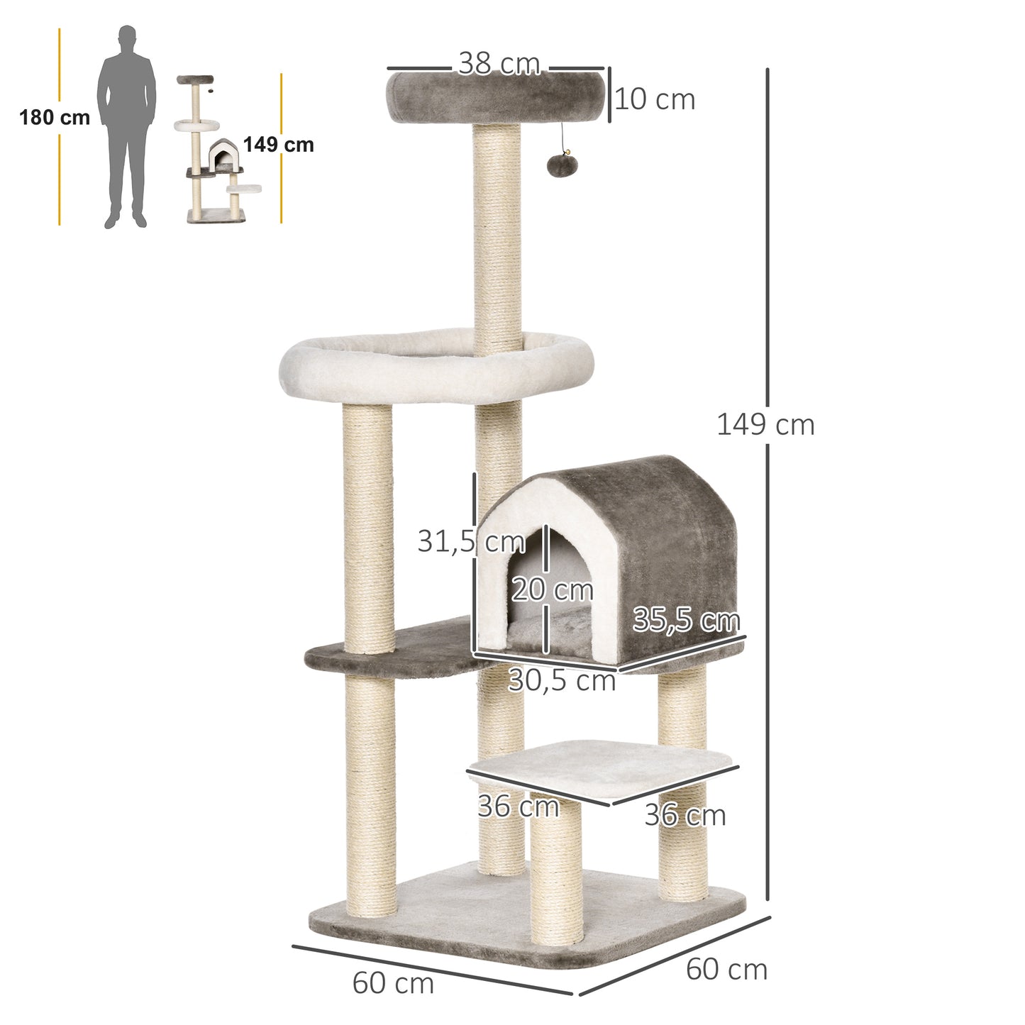 PawHut Árvore Arranhador para Gatos Grande Altura 149cm com Caverna Cama Superior Múltiplas Plataformas de Pelúcia Postes de Sisal e Bola de Brinquedo 60x60x149cm Marrom e Bege