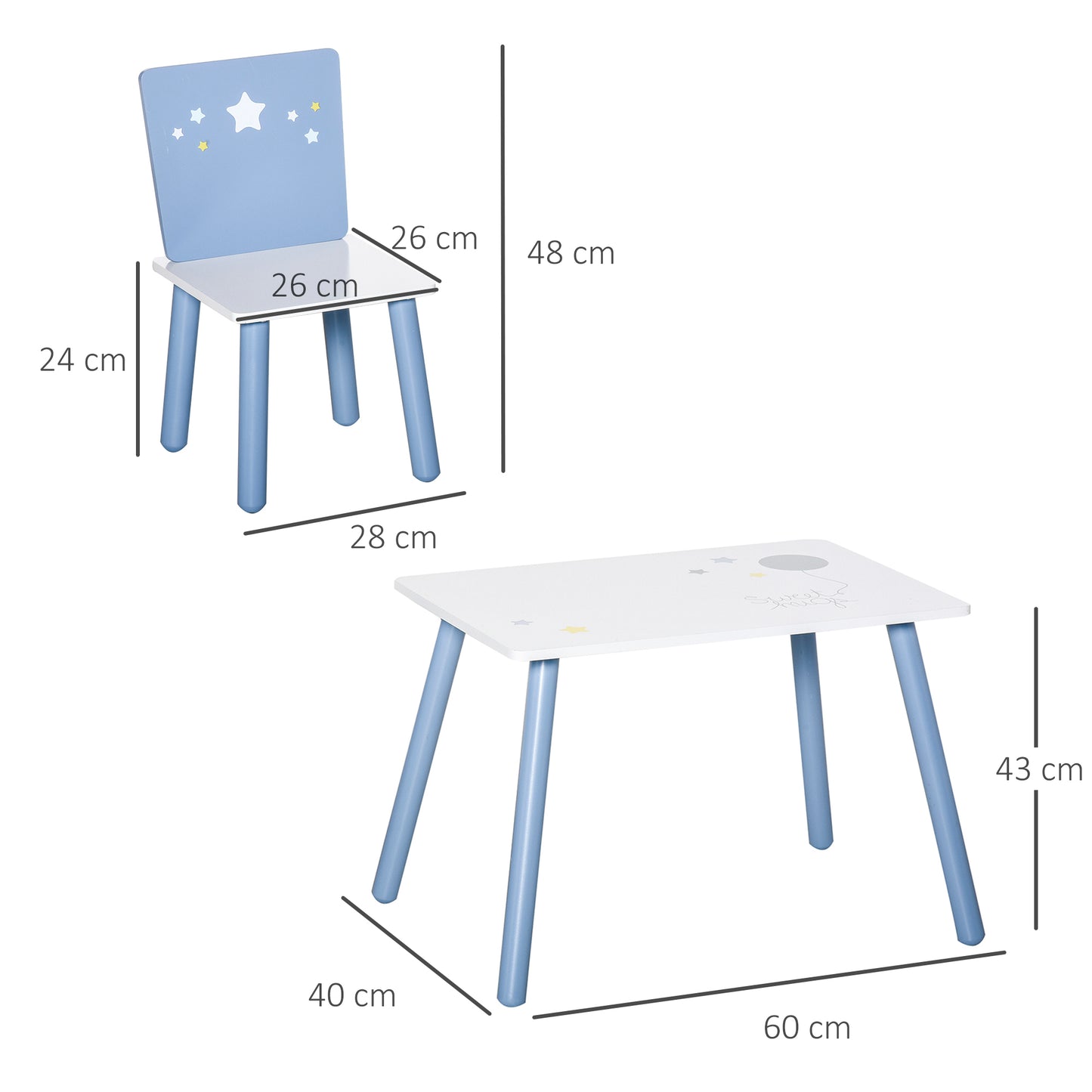 HOMCOM Conjunto de Mesa Infantil e 2 Cadeiras de Madeira Mesa com Cadeiras para Crianças de 2-4 Anos Mesa 60x40x43 cm e Cadeiras 28x26x48 cm para Dormitório Sala de Estar Branco e Azul