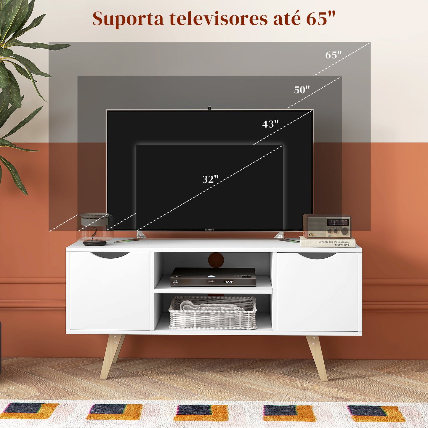 HOMCOM Móvel de TV Moderno Móvel de TV para Televisores de até 50 Polegadas Móvel de TV para Sala de Estar com 2 Armários 2 Prateleiras Abertas e Pés de Madeira 110x39x50 cm Branco