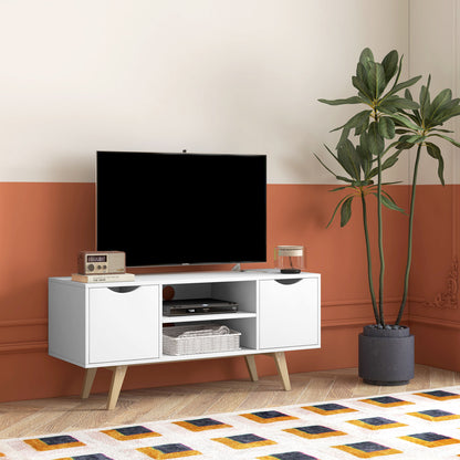 HOMCOM Móvel de TV Moderno Móvel de TV para Televisores de até 50 Polegadas Móvel de TV para Sala de Estar com 2 Armários 2 Prateleiras Abertas e Pés de Madeira 110x39x50 cm Branco