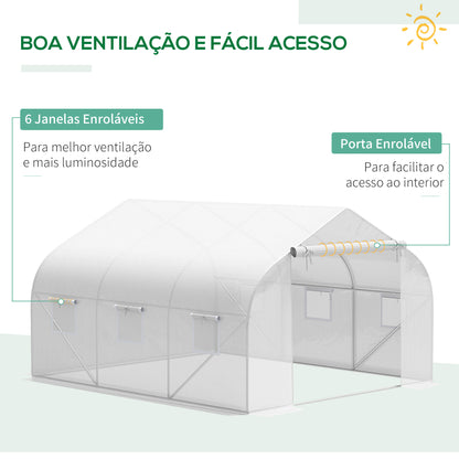 Outsunny Cobertura de Estufa de Túnel 3,5x3x2m Cobertura de Substituição de Estufa Polietileno com 6 Janelas e Portas Enroláveis Proteção de Plantas para Jardim Branco