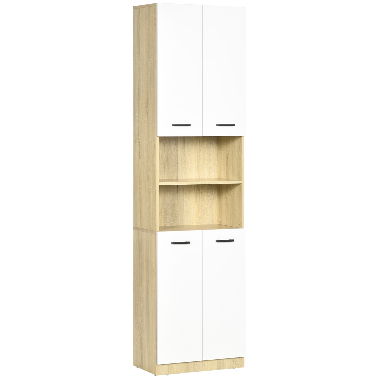 kleankin Coluna Casa de Banho Auxiliar Armário Alto Casa de Banho com 4 Portas 2 Prateleiras Abertas e Prateleiras Ajustáveis Estilo Moderno para Sala de Estar 53x33,5x195,7 cm Branco e Madeira