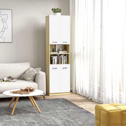 kleankin Coluna Casa de Banho Auxiliar Armário Alto Casa de Banho com 4 Portas 2 Prateleiras Abertas e Prateleiras Ajustáveis Estilo Moderno para Sala de Estar 53x33,5x195,7 cm Branco e Madeira