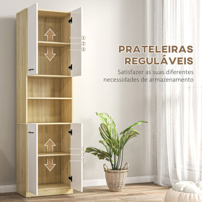 kleankin Coluna Casa de Banho Auxiliar Armário Alto Casa de Banho com 4 Portas 2 Prateleiras Abertas e Prateleiras Ajustáveis Estilo Moderno para Sala de Estar 53x33,5x195,7 cm Branco e Madeira