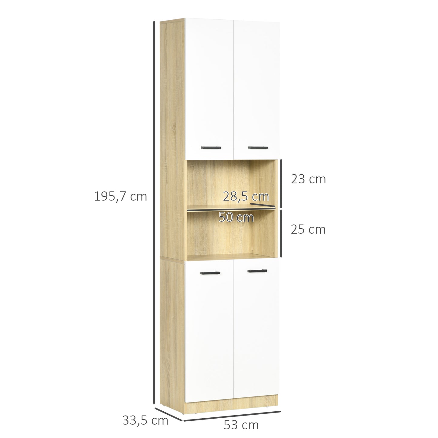 kleankin Coluna Casa de Banho Auxiliar Armário Alto Casa de Banho com 4 Portas 2 Prateleiras Abertas e Prateleiras Ajustáveis Estilo Moderno para Sala de Estar 53x33,5x195,7 cm Branco e Madeira