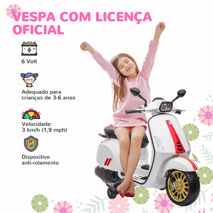 AIYAPLAY Moto Elétrica para Crianças de 3-6 Anos com Licença Vespa Motocicleta de Bateria 6V com USB MP3 Luz LED Rádio FM Moto para Crianças com Velocidade 3 km/h Carga 35 kg Branco