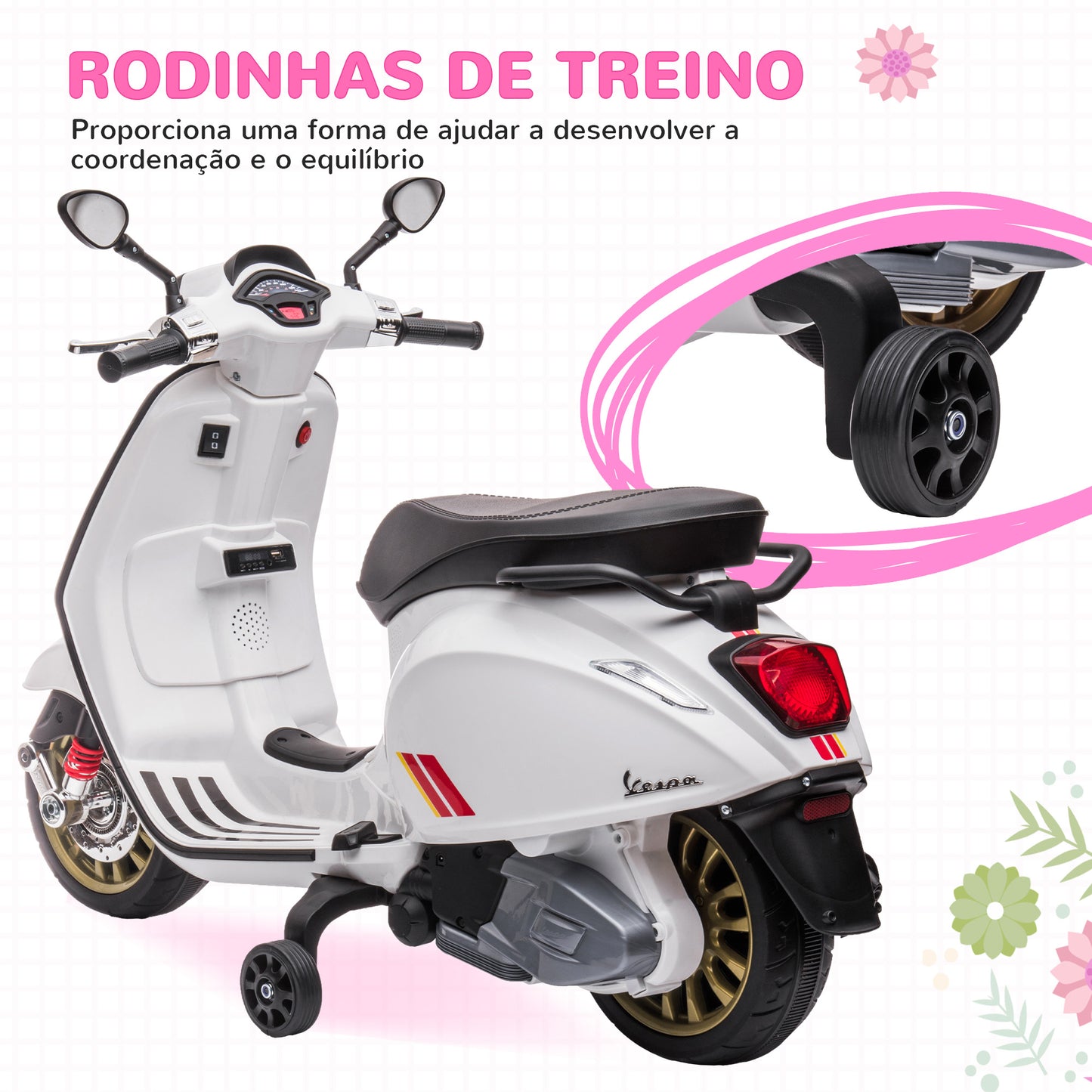 AIYAPLAY Moto Elétrica para Crianças de 3-6 Anos com Licença Vespa Motocicleta de Bateria 6V com USB MP3 Luz LED Rádio FM Moto para Crianças com Velocidade 3 km/h Carga 35 kg Branco