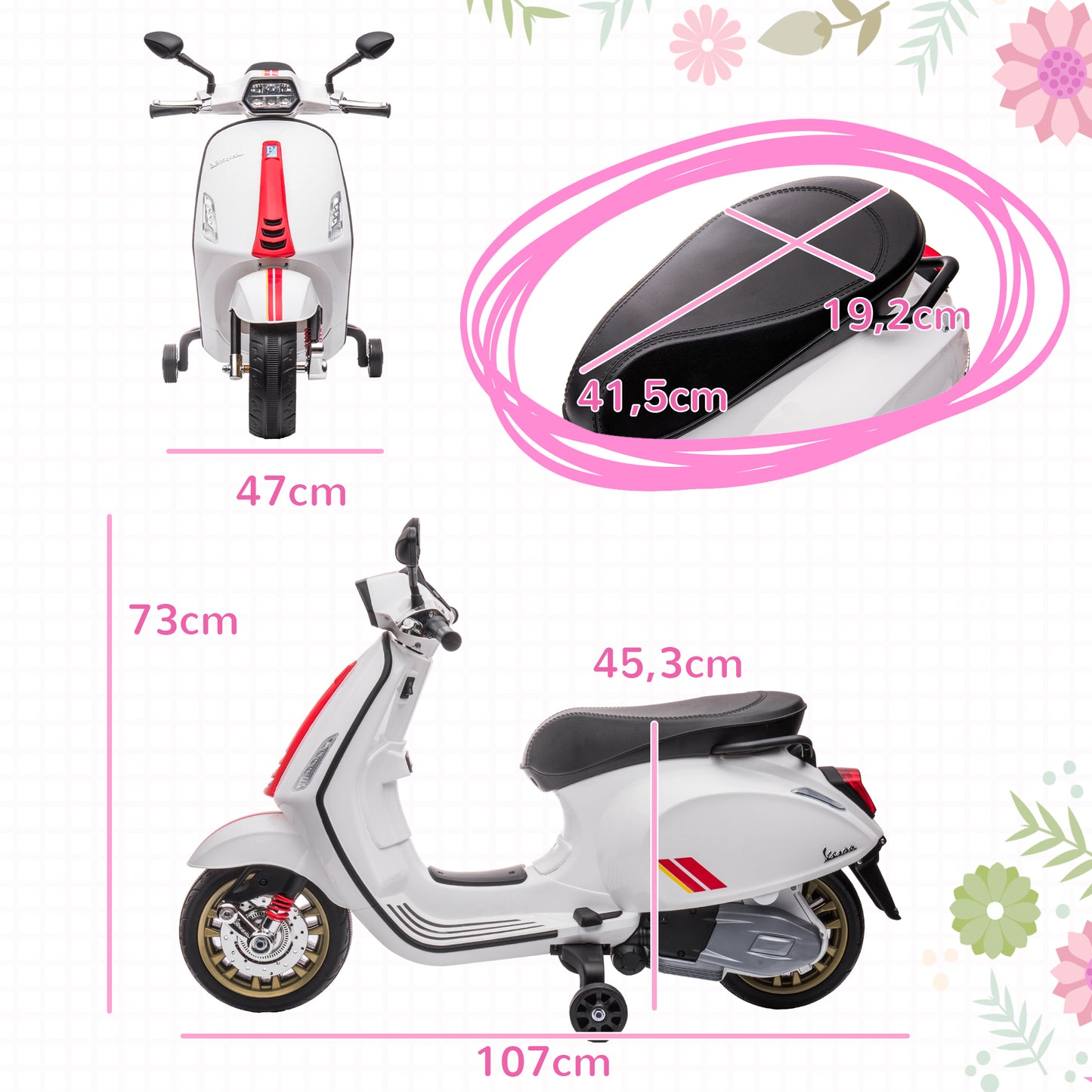 AIYAPLAY Moto Elétrica para Crianças de 3-6 Anos com Licença Vespa Motocicleta de Bateria 6V com USB MP3 Luz LED Rádio FM Moto para Crianças com Velocidade 3 km/h Carga 35 kg Branco