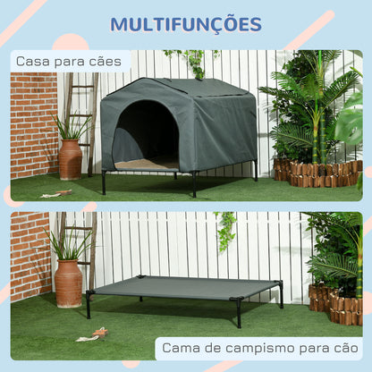 PawHut Casa para Cães com Cobertura Exterior 130x85x95 cm Cama Elevada para Animais de Estimação com Almofada e Janelas de Malha para Cães Grandes Cinza