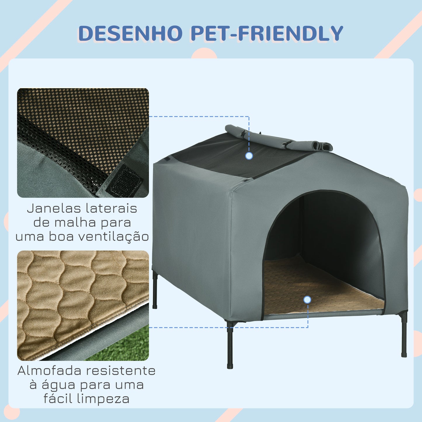 PawHut Casa para Cães com Cobertura Exterior 130x85x95 cm Cama Elevada para Animais de Estimação com Almofada e Janelas de Malha para Cães Grandes Cinza