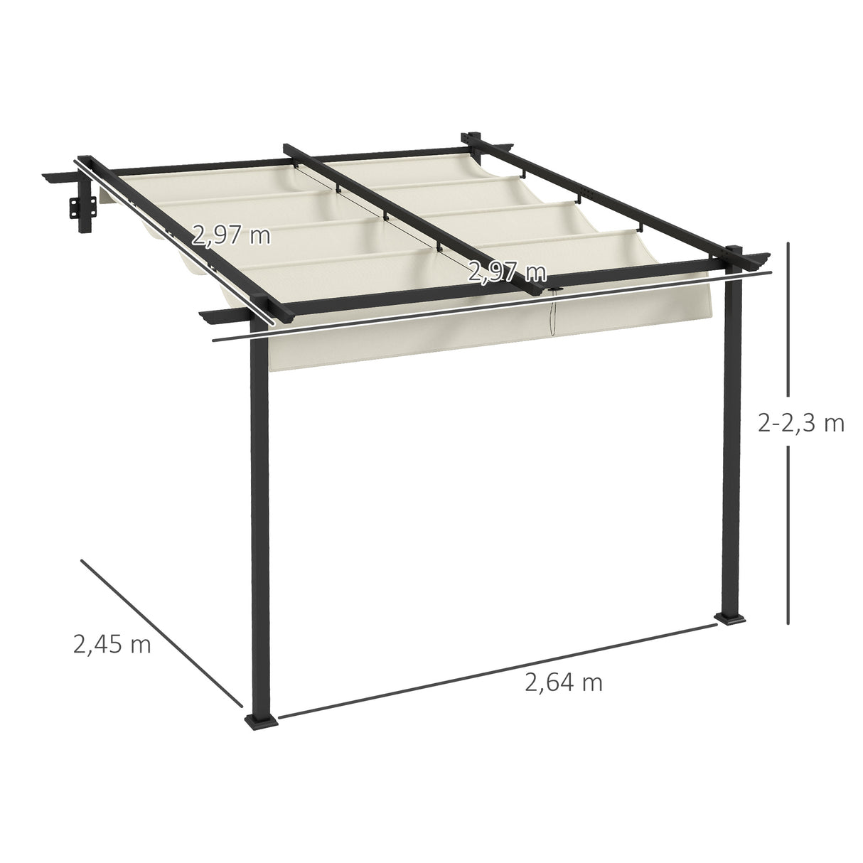 Outsunny Pérgola de Parede 3x3 m Pérgola de Jardim com Teto Retrátil de Poliéster e Estrutura de Aço para Festas Casamentos Creme e Cinza Escuro