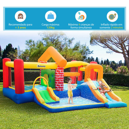 Outsunny Castelo Insuflável com 2 Escorregas 2 Trampolins e Piscina para Crianças acima de 3 Anos Inclui Inflador e Bolsa de Transporte para Interior Exterior 380x370x230cm Multicor