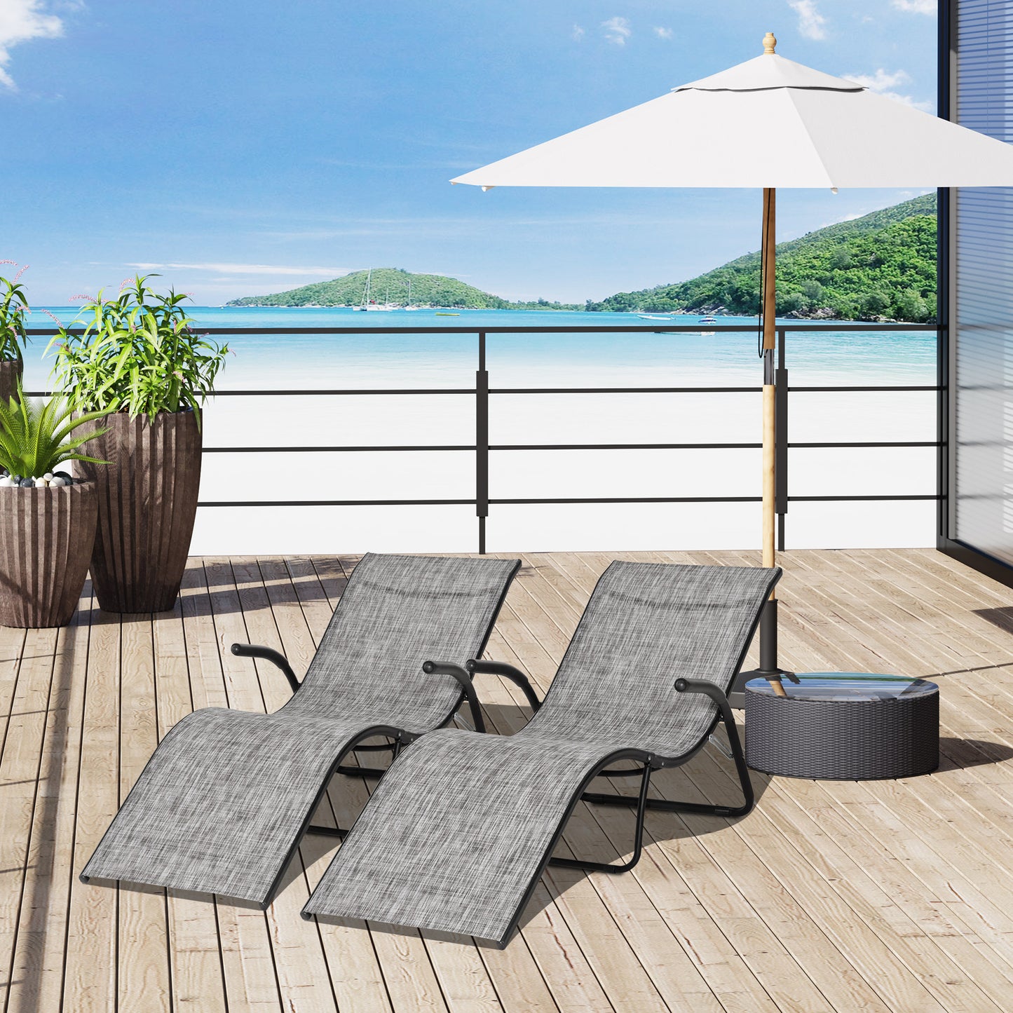 Outsunny Conjunto de 2 Espreguiçadeiras Dobráveis Espreguiçadeiras de Jardim com Apoio para os Braços Apoio para os Pés e Encosto Carga 160 kg para Varanda Praia Campismo Exterior 170x62x68 cm Cinza