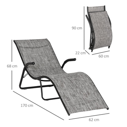 Outsunny Conjunto de 2 Espreguiçadeiras Dobráveis Espreguiçadeiras de Jardim com Apoio para os Braços Apoio para os Pés e Encosto Carga 160 kg para Varanda Praia Campismo Exterior 170x62x68 cm Cinza