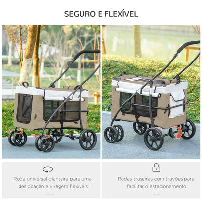 PawHut Carrinho para Animais de Estimação Carrinho para Cães Dobrável com Compartimento Desmontável 4 Portas com Fecho de Correr 2 Correias de Segurança e de Transporte 81x58x97,5 cm Cáqui