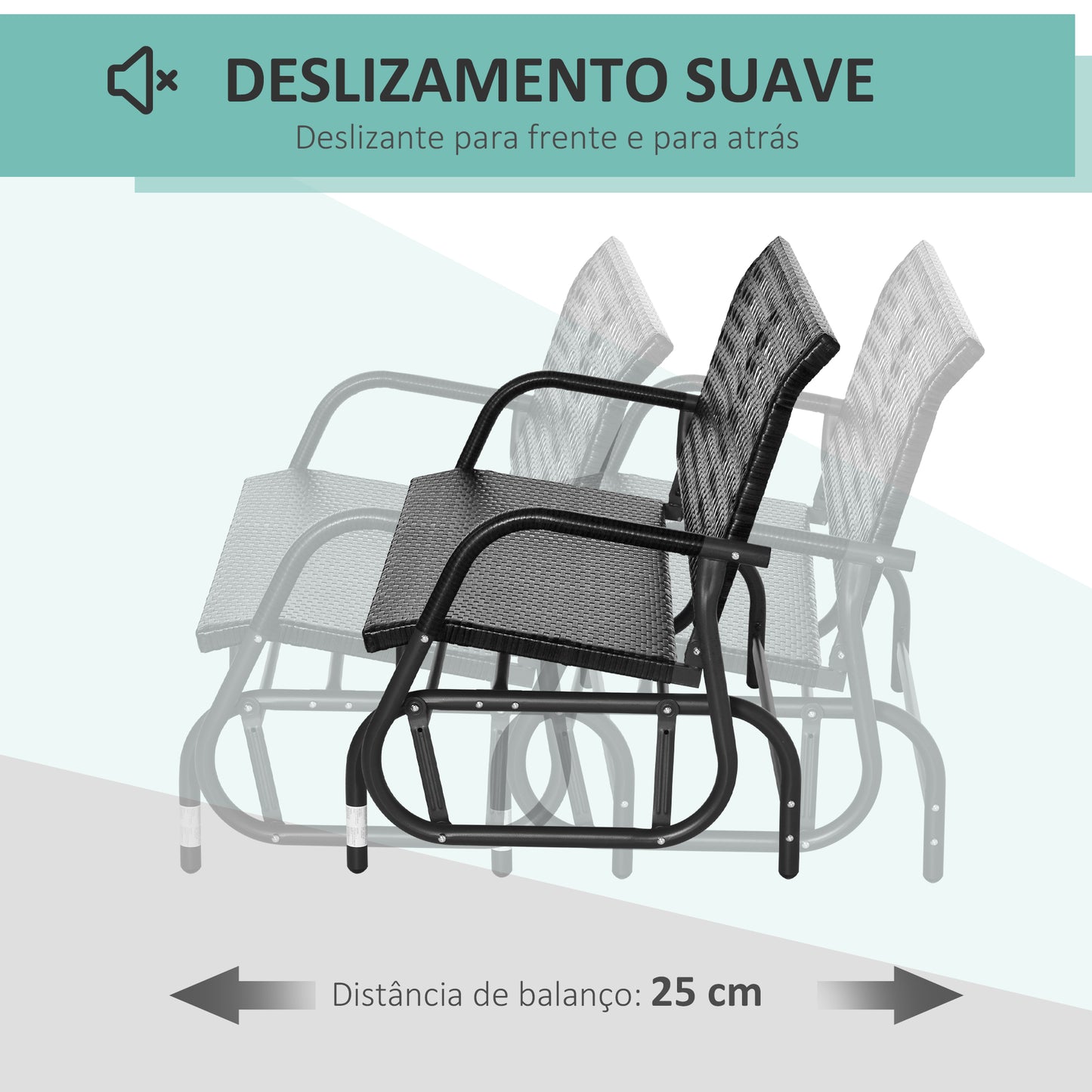 Outsunny Banco Baloiço de Vime de 2 Lugares Baloiço de Jardim com Balanço Ergonómico e Estrutura de Metal para Terraço Balcão Exterior Carga 220kg 70x120x84cm Preto