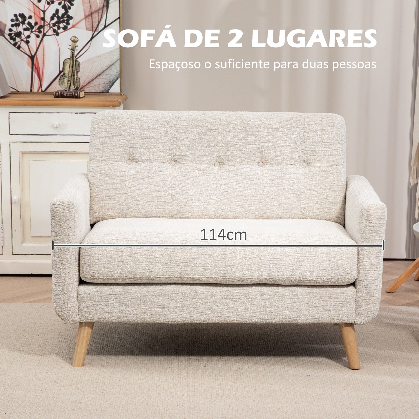 HOMCOM Sofá de 2 Lugares Estofado em Veludo Sofá de Sala de Estar Moderno com Apoio para os Braços e Pés de Madeira Carga 240 kg para Dormitório Escritório 114x71x82 cm Beige