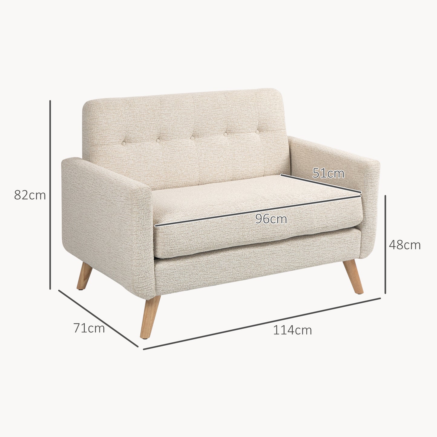 HOMCOM Sofá de 2 Lugares Estofado em Veludo Sofá de Sala de Estar Moderno com Apoio para os Braços e Pés de Madeira Carga 240 kg para Dormitório Escritório 114x71x82 cm Beige