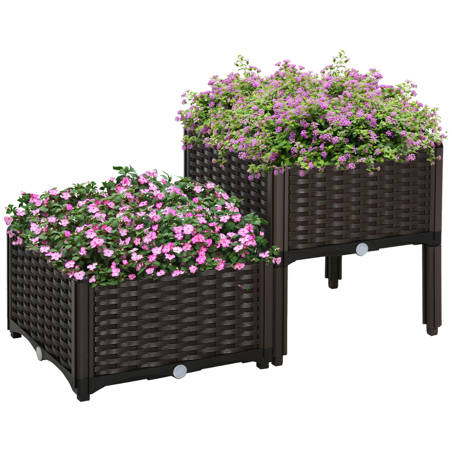 Outsunny Conjunto de 2 Floreiras Quadradas Floreiras para Flores e Vegetais com Orifícios de Drenagem e Pés Altos 40x40x26-44cm Marrom