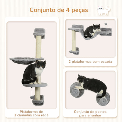 PawHut Prateleiras de Escalada para Gatos de Parede Conjunto de Prateleiras para Gatos 4 Peças com Rede Bola Plataformas de Saltar Poste de Sisal e Escada 84,5x19x54 cm Cinza e Bege