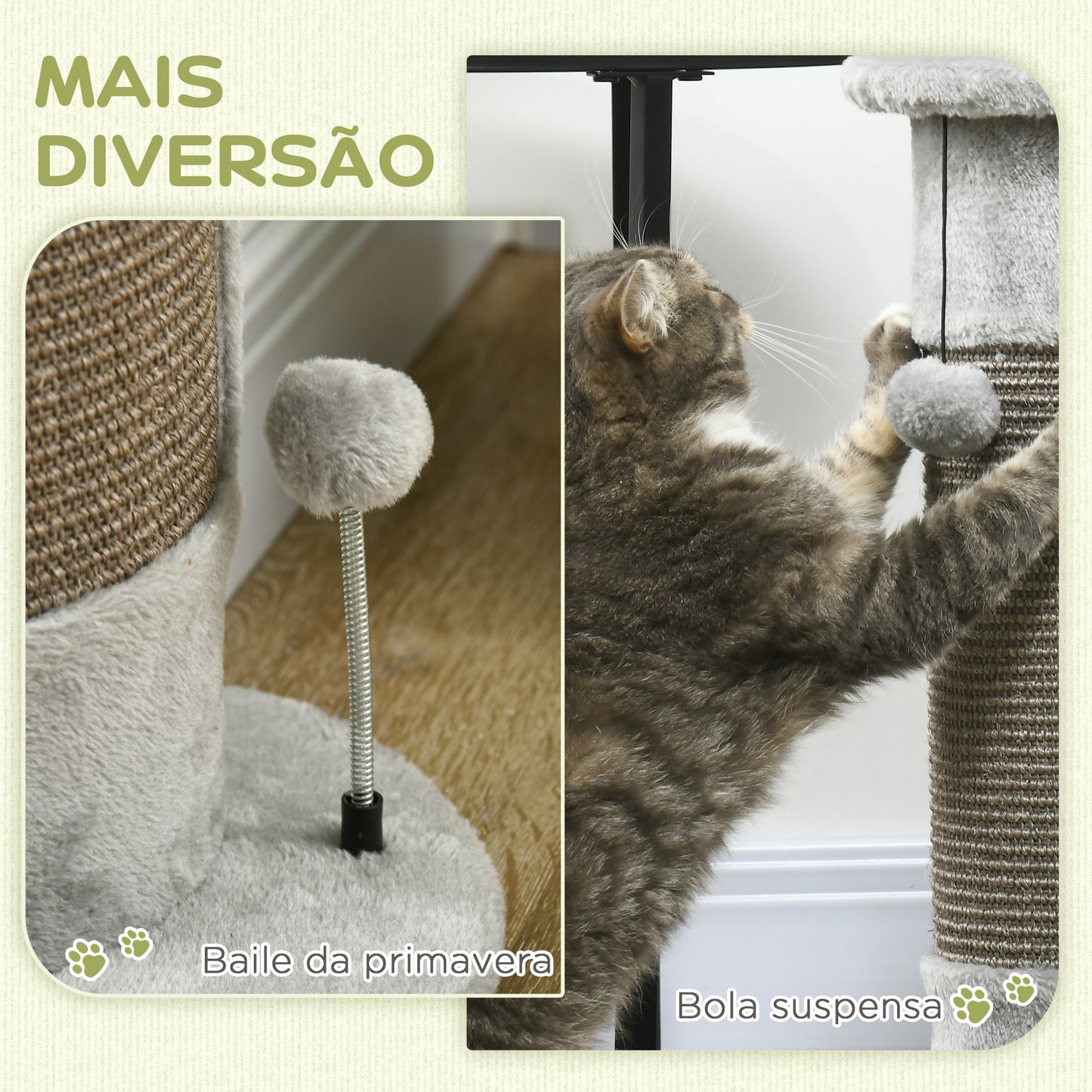 PawHut Poste de Arranhar para Gatos 58 cm Arranhador para Gatos com Poste de Sisal e Bolas Suspensas 34x25,5x58 cm Cinza