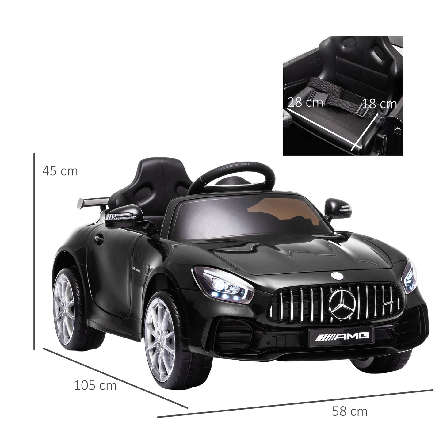 HOMCOM Carro elétrico para crianças acima de 3 anos Mercedes GTR licenciado Bateria 12V com controle remoto Música Faróis Porta dupla de abertura Carga 25kg 105x58x45 cm Preto