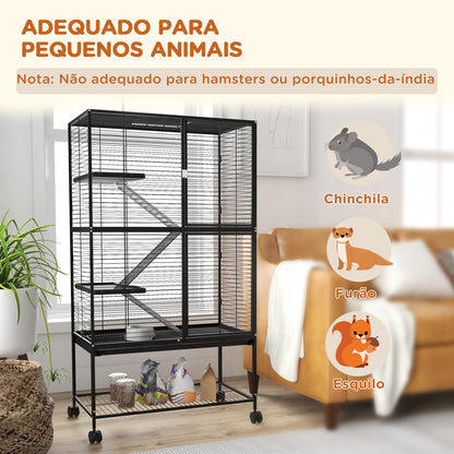 PawHut Gaiola para Animais Pequenos de 4 Níveis Parque para Animais com Rodas Rampa Comedouro Bebedouro e Bandeja Removível para Chinchilas Furões 78x45,5x136 cm Preto