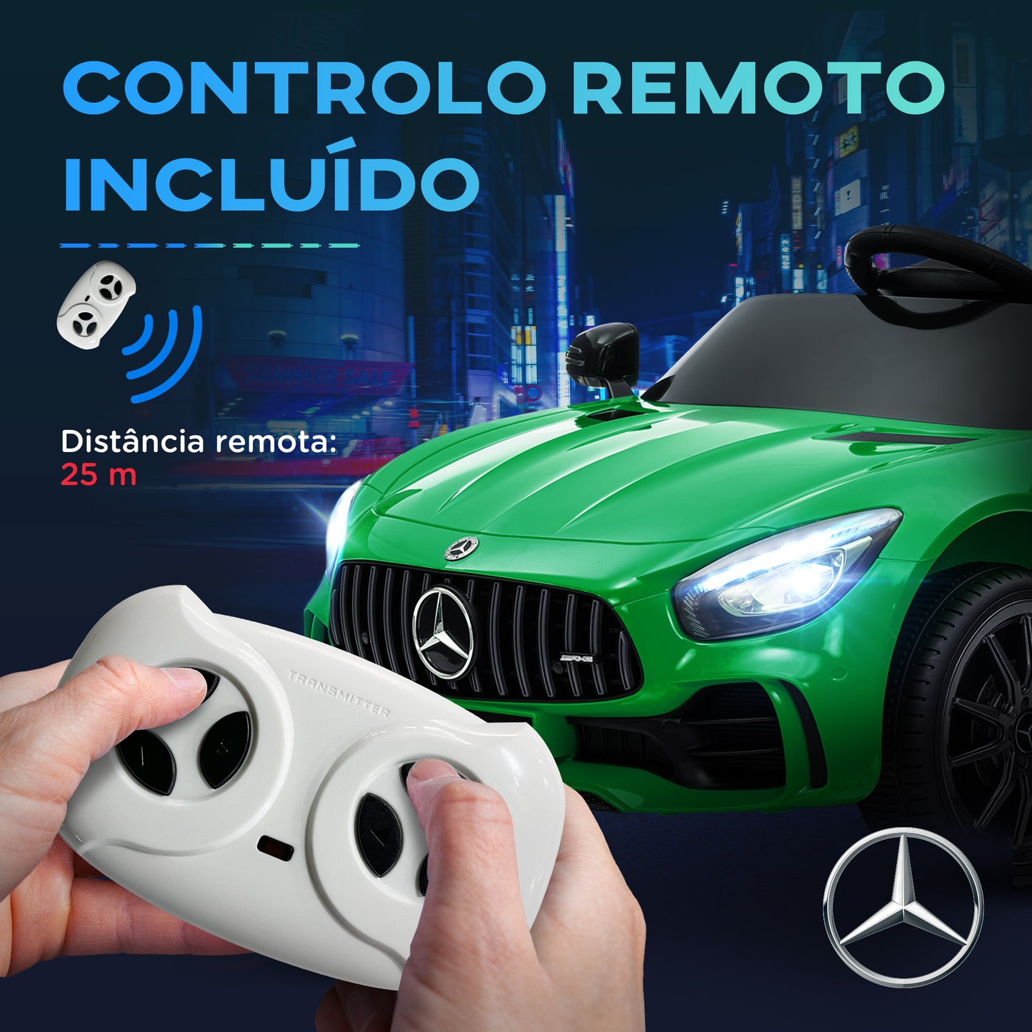 AIYAPLAY Carro Elétrico para Crianças acima de 3 Anos Carro Mercedes-Benz AMG GTR Carro Elétrico Infantil com Bateria 12V Controlo Remoto Faróis Buzina e Música 108x67x46 cm Verde