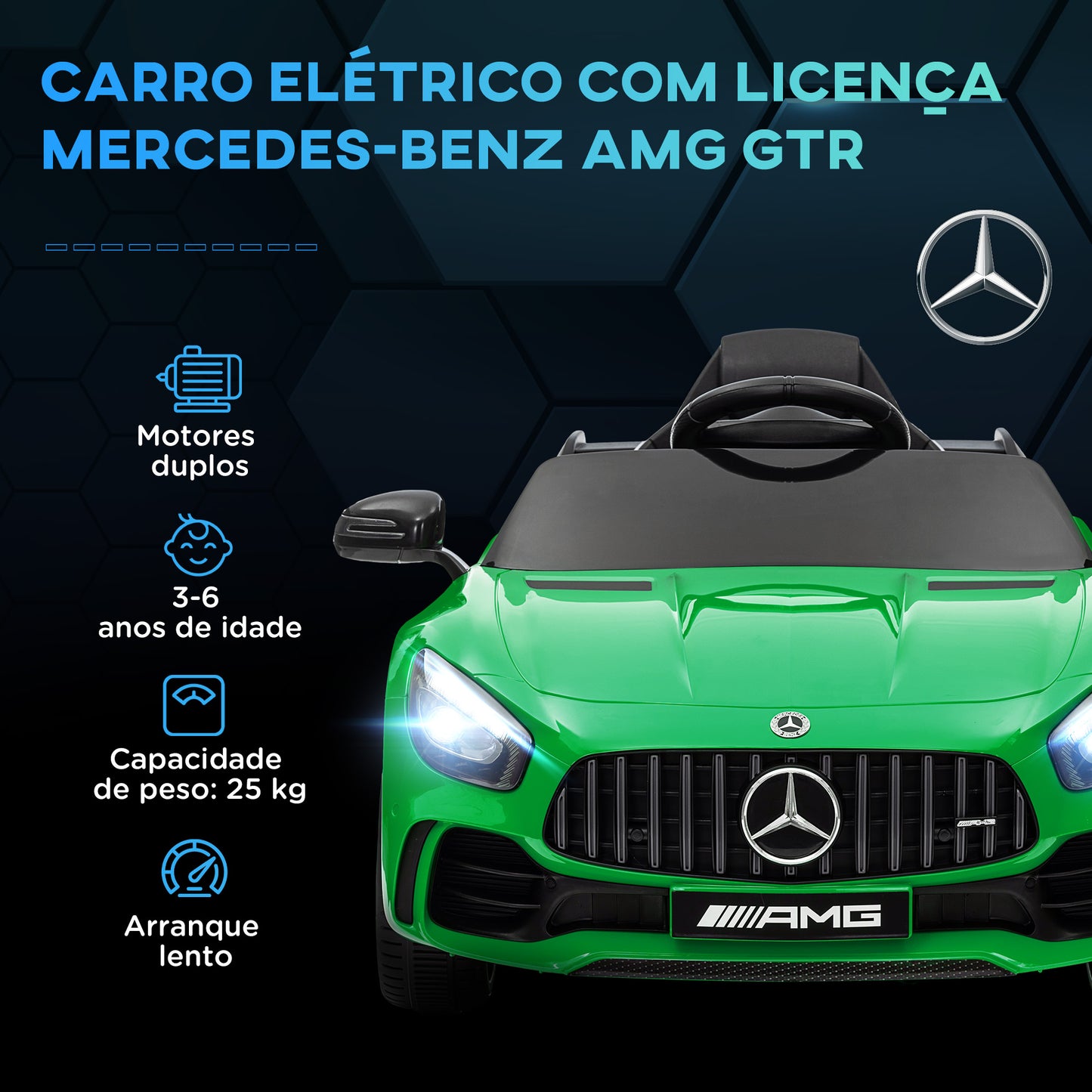 AIYAPLAY Carro Elétrico para Crianças acima de 3 Anos Carro Mercedes-Benz AMG GTR Carro Elétrico Infantil com Bateria 12V Controlo Remoto Faróis Buzina e Música 108x67x46 cm Verde