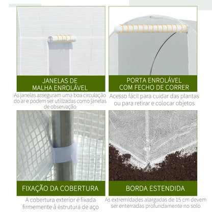 Estufa tipo Túnel 445x200x200 cm Estufa de Jardim com Porta Enrolável e 6 Janelas Cobertura de PE 140 g/m² Anti-UV Estrutura de Metal para Cultivo de Plantas Verduras Branco