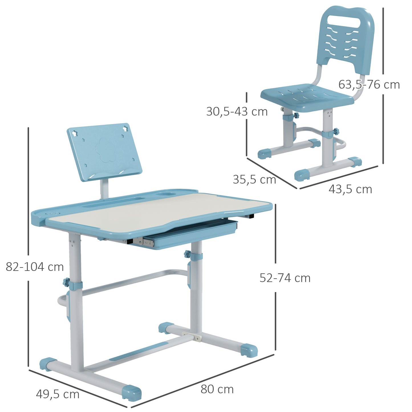 ZONEKIZ Conjunto de Secretária e Cadeira para Crianças de 6-12 Anos Secretária para Crianças com Altura Ajustável com 1 Gaveta Prateleira para Livros e Ângulo da Mesa Ajustável 80x49,5x82-104 cm Azul e Branco