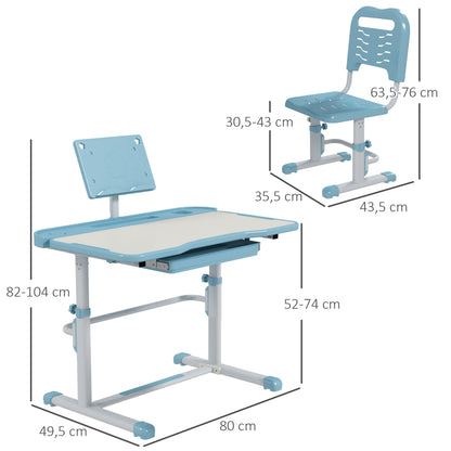 ZONEKIZ Conjunto de Secretária e Cadeira para Crianças de 6-12 Anos Secretária para Crianças com Altura Ajustável com 1 Gaveta Prateleira para Livros e Ângulo da Mesa Ajustável 80x49,5x82-104 cm Azul e Branco