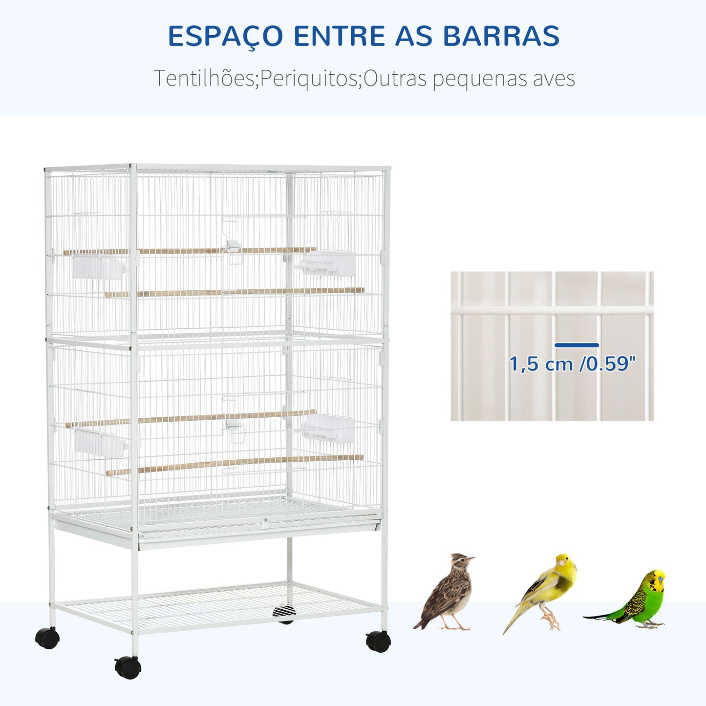 PawHut Gaiola para Pássaros com Rodas 78x52x132cm Gaiola para Pássaros Metálica com Bandeja Amovível 4 Portas 4 Comedouros 4 Poleiros e Prateleira de Armazenamento para Canários Periquitos Branco