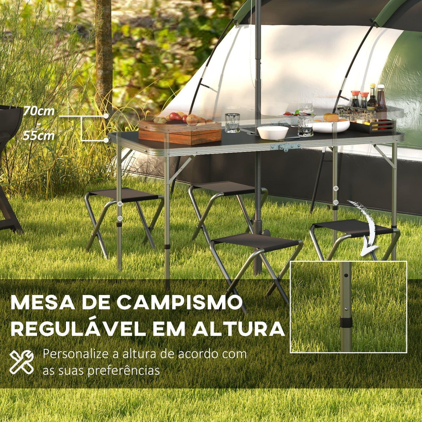 Outsunny Conjunto de Campismo de 5 Peças Mesa de Campismo Dobrável com Assentos Inclui 1 Mesa para Campismo Ajustável em Altura com Orifício e 4 Assentos Dobráveis para Piquenique Preto