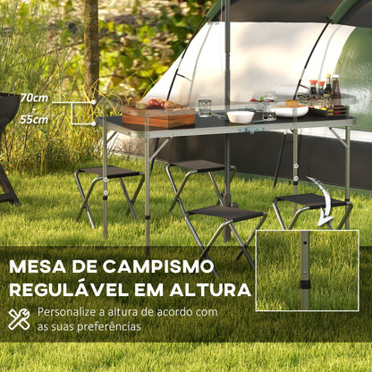 Outsunny Conjunto de Campismo de 5 Peças Mesa de Campismo Dobrável com Assentos Inclui 1 Mesa para Campismo Ajustável em Altura com Orifício e 4 Assentos Dobráveis para Piquenique Preto