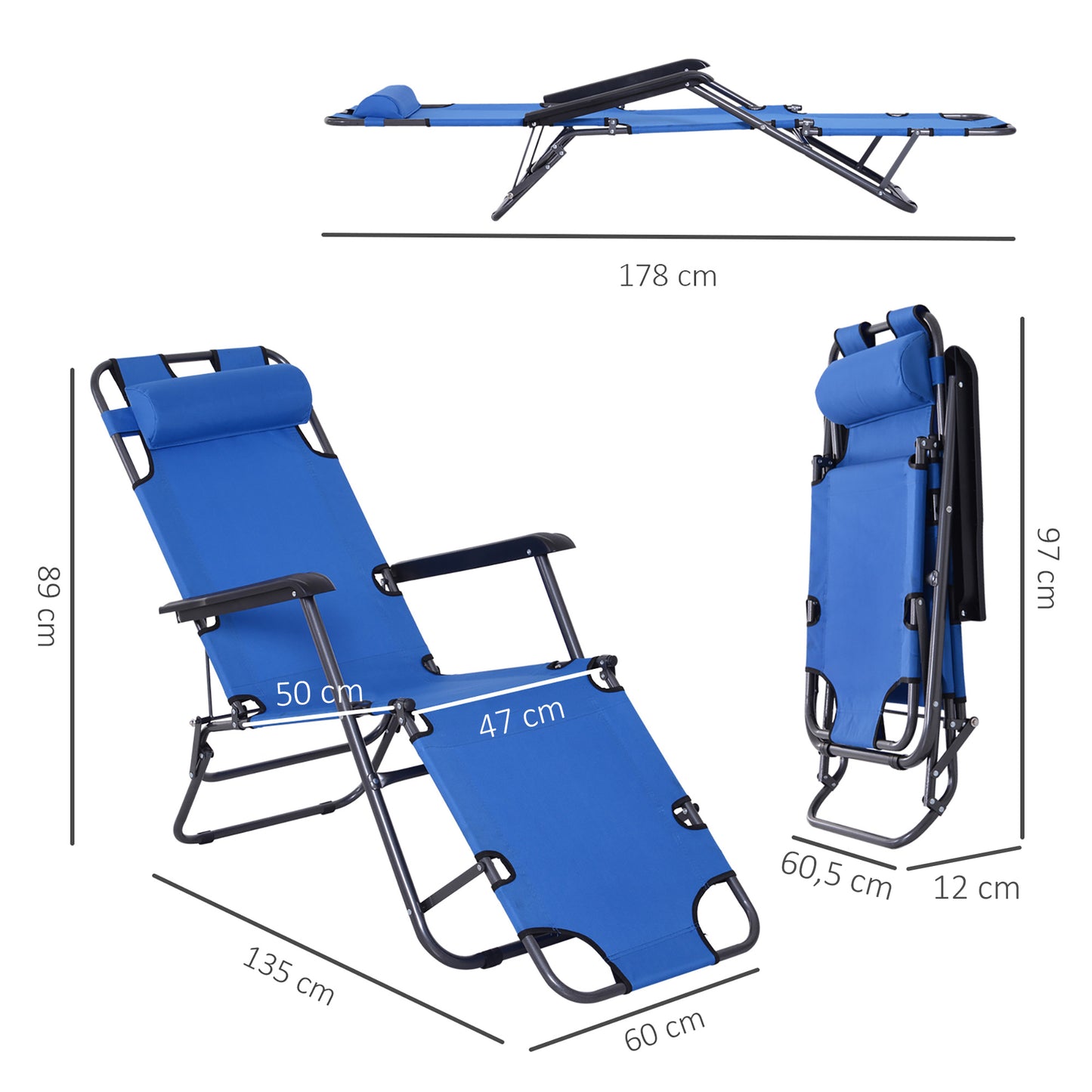 Outsunny Espreguiçadeira Reclinável e Dobrável com Encosto Ajustável Apoio de Braço Almofada e Apoio para os Pés para Jardim Carga 136 kg 135x60x89 cm Azul