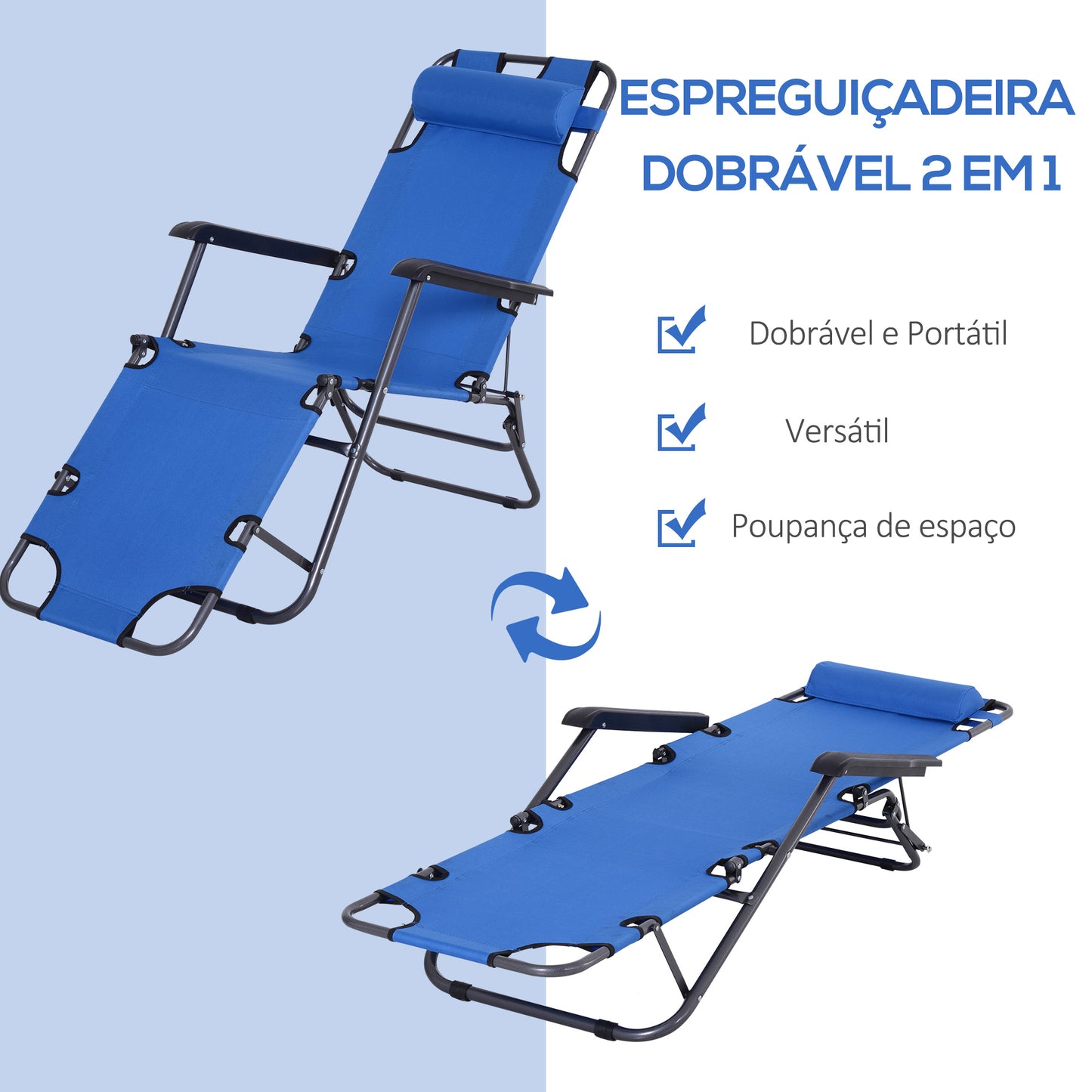 Outsunny Espreguiçadeira Reclinável e Dobrável com Encosto Ajustável Apoio de Braço Almofada e Apoio para os Pés para Jardim Carga 136 kg 135x60x89 cm Azul