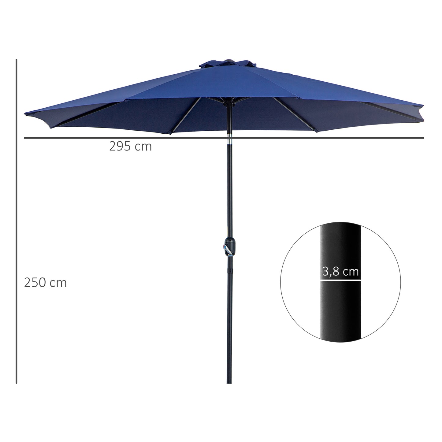 Outsunny Chapéu de Sol de Jardim Ø295x250 cm com Manivela Chapéu de Sol Exterior com Mecanismo de Inclinação e Mastro Desmontável de Metal para Terraço Piscina Pátio Azul