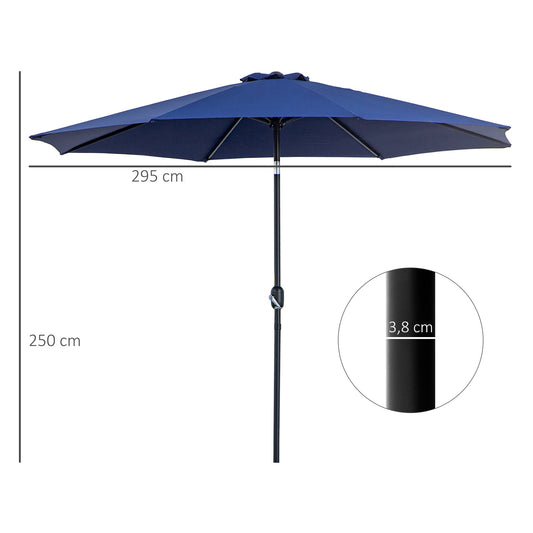 Outsunny Chapéu de Sol de Jardim Ø295x250 cm com Manivela Chapéu de Sol Exterior com Mecanismo de Inclinação e Mastro Desmontável de Metal para Terraço Piscina Pátio Azul