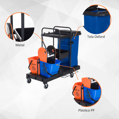 HOMCOM Carro de Limpeza Professional com Escorredor de Alavanca com 3 Prateleiras e 2 Baldes de 18L Bolsa com Tampa Rodas 111x63,3x103cm Preto Azul e Laranja