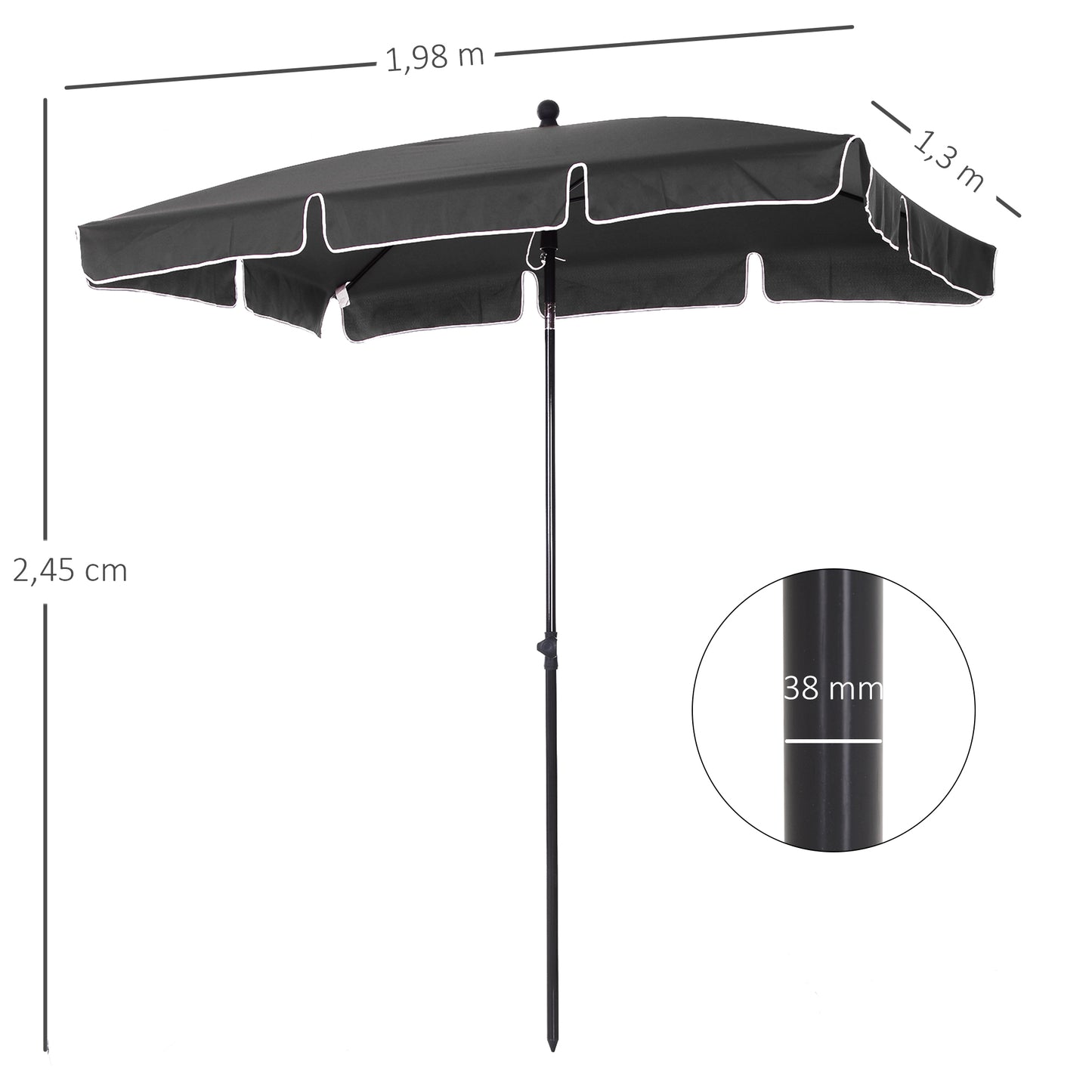 Outsunny Chapéu de Sol Retangular de Jardim 198x130x240cm Chapéu de Sol de Alumínio com Função de Inclinação para Terraço Pátio Exterior Cinza